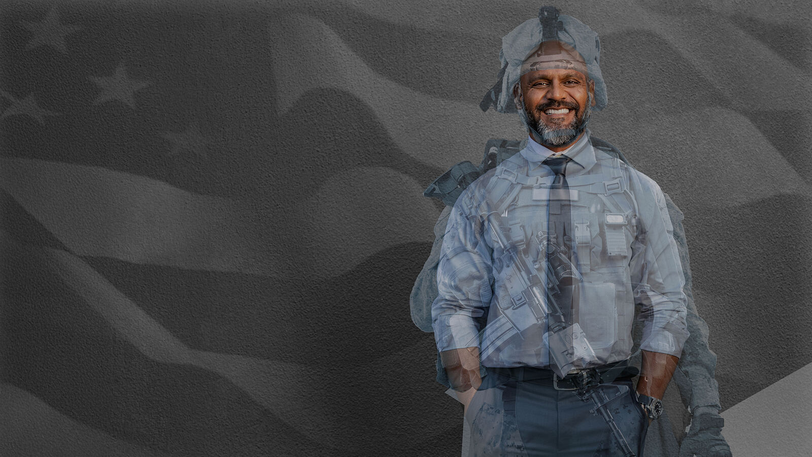 A veteran in uniform in front of the American flag.